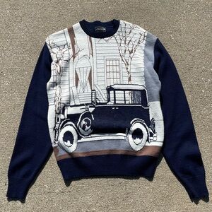 Vintage 70s Antique Car Knit Sweater Navy Blue White JCPenney M